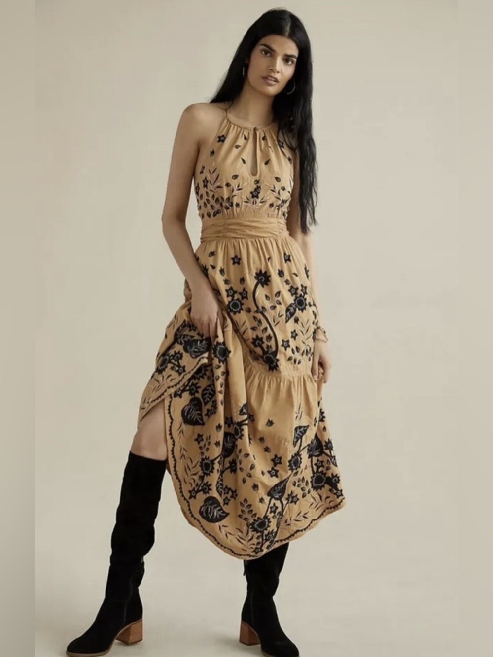 Anthropologie Maeve Tan Black Ruffled Veruschka Embroidered Maxi Dress (Size 10)
